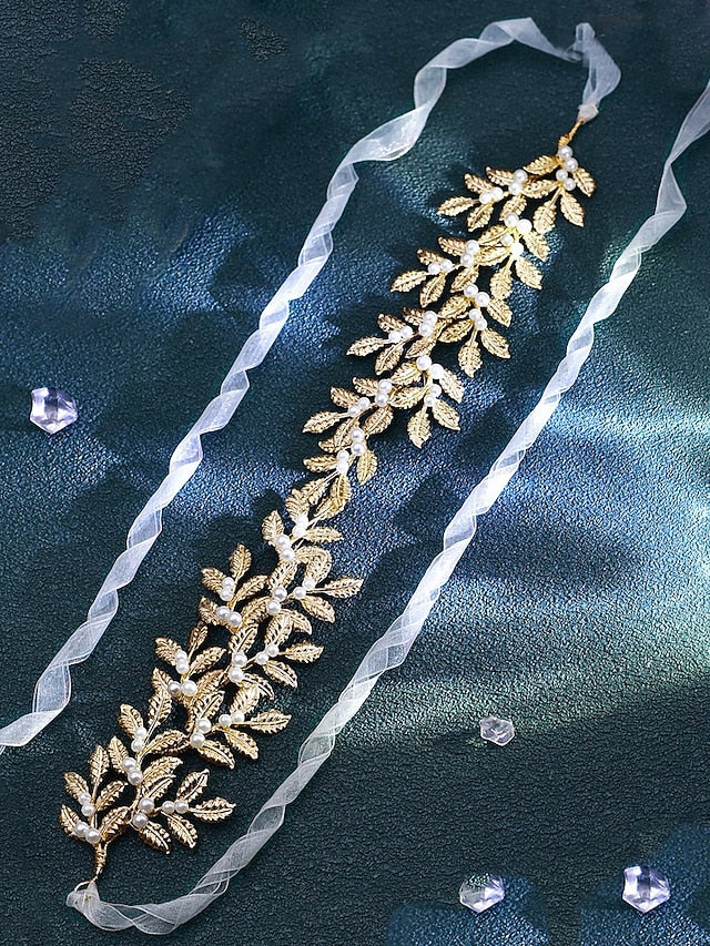 Accents Elegant Leaf with Pearl Bridal Gold Belt –