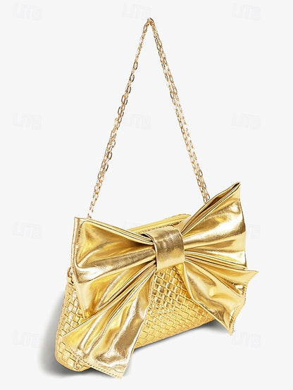 Faux Leather Oversized Clutch Women's with Gold Bow Bag