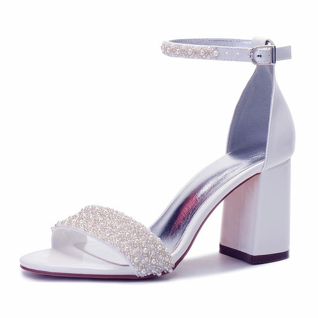 Women's White Block Strap Ankle Embellished Pearl Ivory