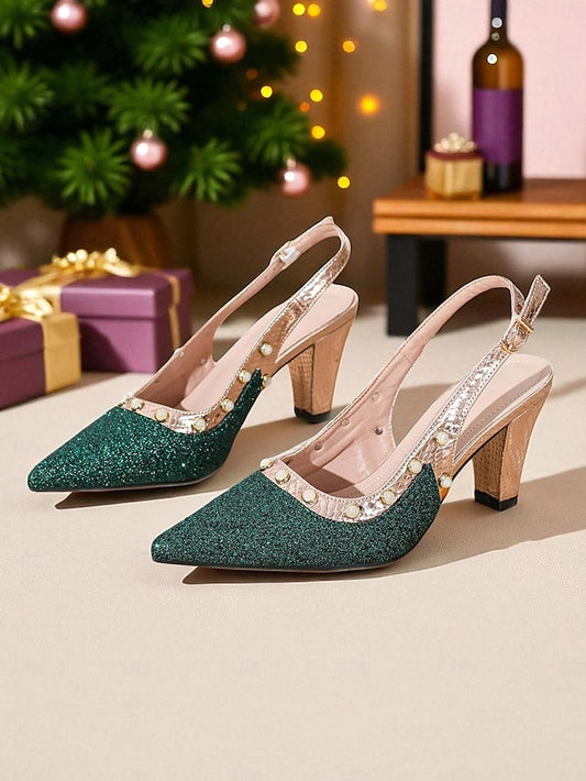 Women's Slingback Gold High Heels Strap with Green Glitter