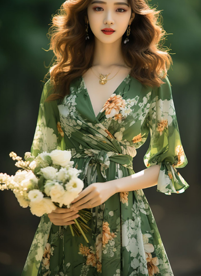 French Green V Neck Print High Waist Chiffon Dresses Long Sleeve KJ024