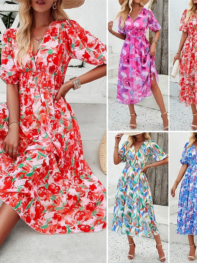 Women's Casual Dress Floral Print V Neck Midi Dress Ethnic
