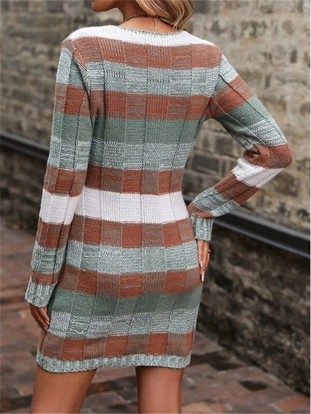 Women's Plaid V Neck Maxi Dress Long Sleeve Spring Fall