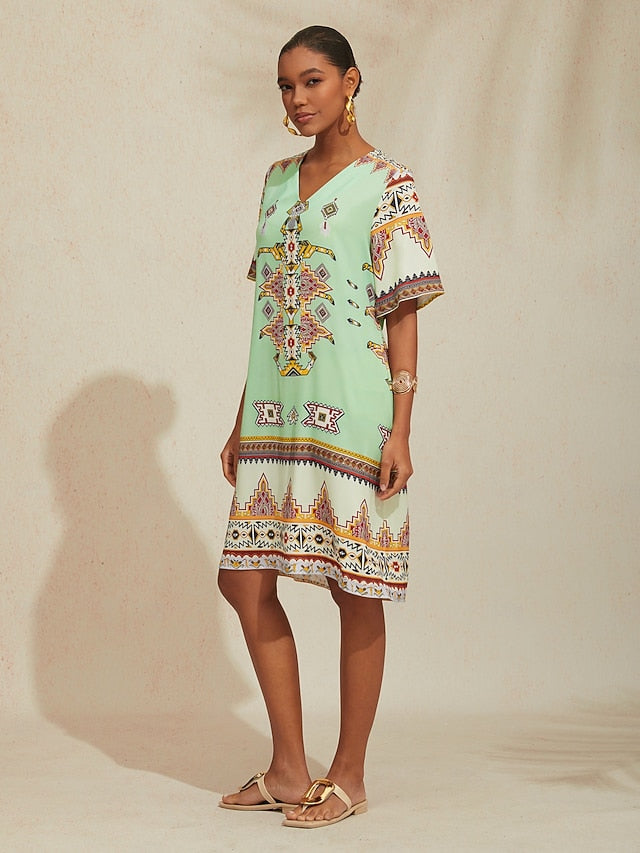 Vacation Vintage Ethnic Geometric Pattern Satin Midi Dress