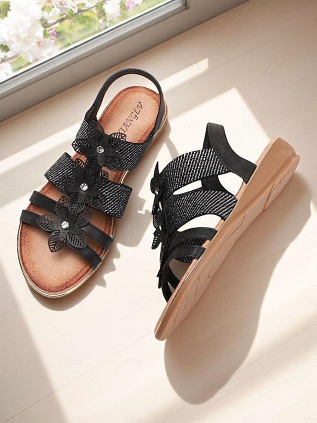 Women's Beige Sandals Floral Flat Elegant – Rhinestone