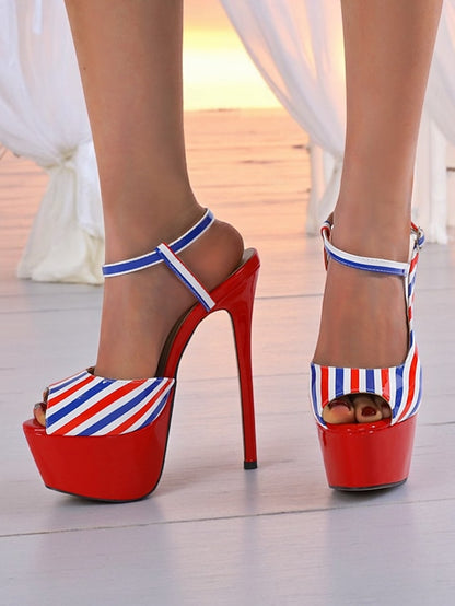White Platform Red and Striped Blue Stiletto Heels Women's