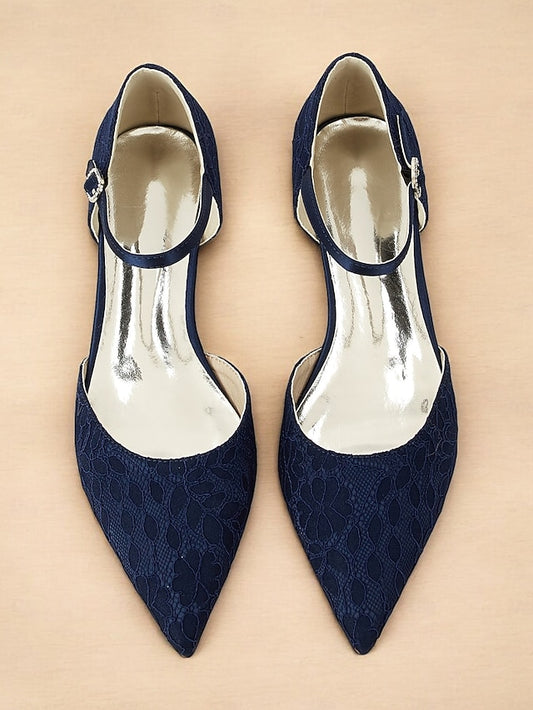and Blue Pointed Women's Flats with Ankle Strap Lace Navy