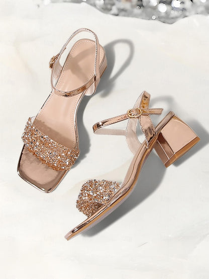 Block Wedding Sandals Women Rhinestone for Gold Heel Elegant –