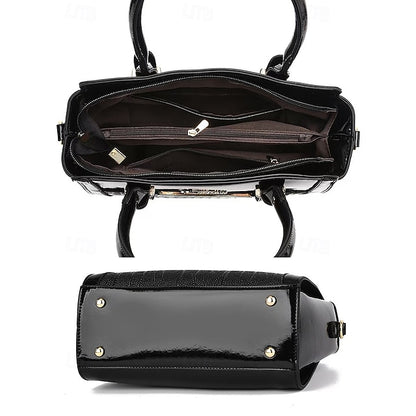 Damen Handtaschen-Set aus Kunstleder in glänzendem Lackleder
