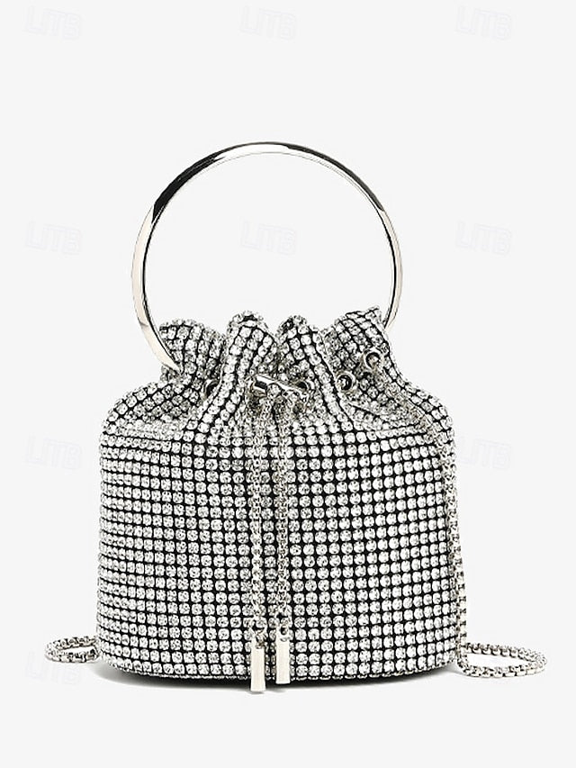 Sparkling Silver Bucket with Rhinestone Bag Women's Metal