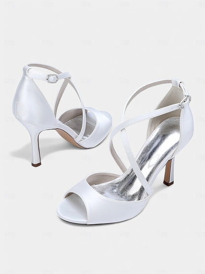 Cross-Strap Elegant Satin – Women's Heels White Peep-Toe
