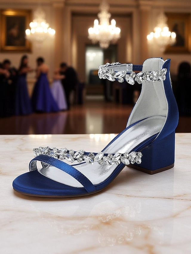 Purple Satin Crystal Sandals - Women's Heel Block