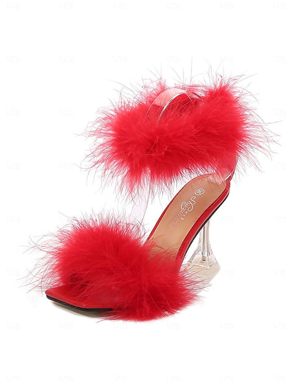 Feather-Embellished High Clear Sandals Turquoise with Heel