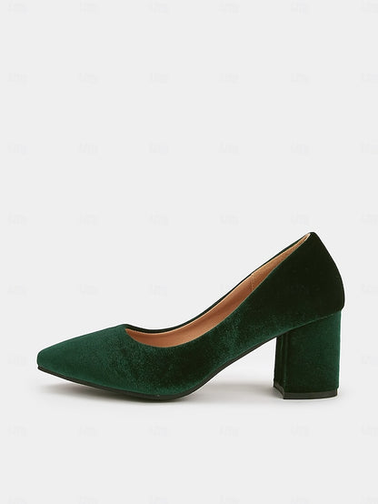 Pumps - Block Heel Elegant Green Women's Pointed Velvet Toe