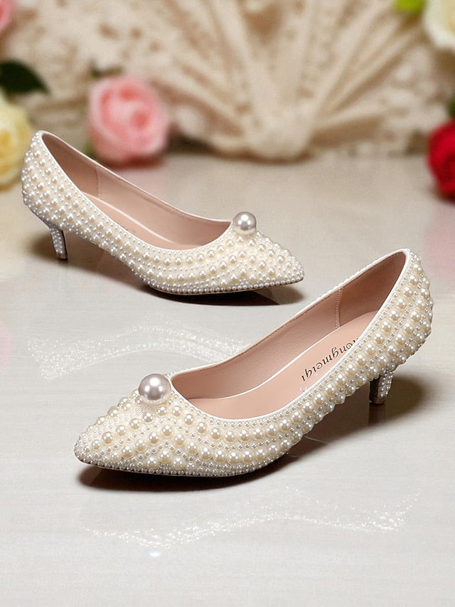 Women's Matching Kitten Pearl-Embellished Pumps Heel and
