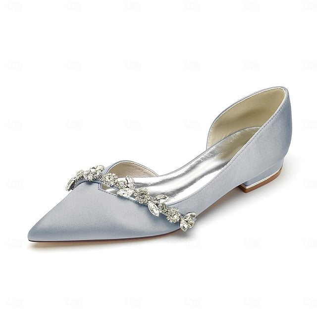 Toe White Shoes with Pointed Wedding Satin Flat and Crystal