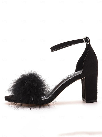 Feather-Embellished – Wedding Heel Block Sandals Women for