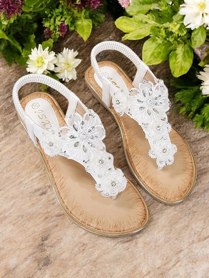 Women's T-Strap Lace Sandals Floral Embellished Pink –
