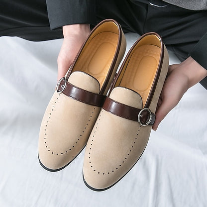Men's Suede Brown Slip-On with Buckle Faux Strap Loafers