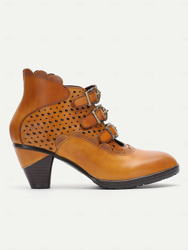 Boots Perforated Buckle Brown Women's - Vintage Strap Ankle