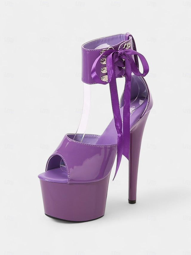 Straps Black Leather Ankle Lace-Up with Patent Sandals Platform