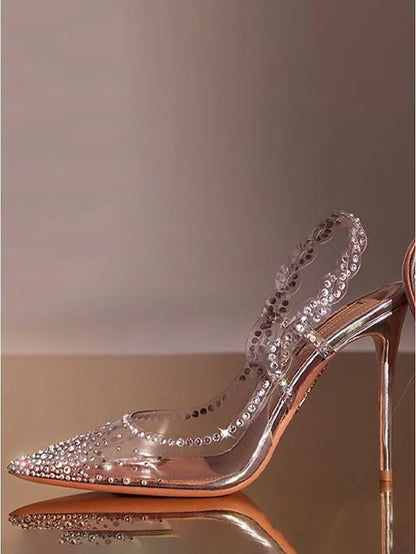 Slingback Clear Toe Women's Rhinestone Heels Pointed with