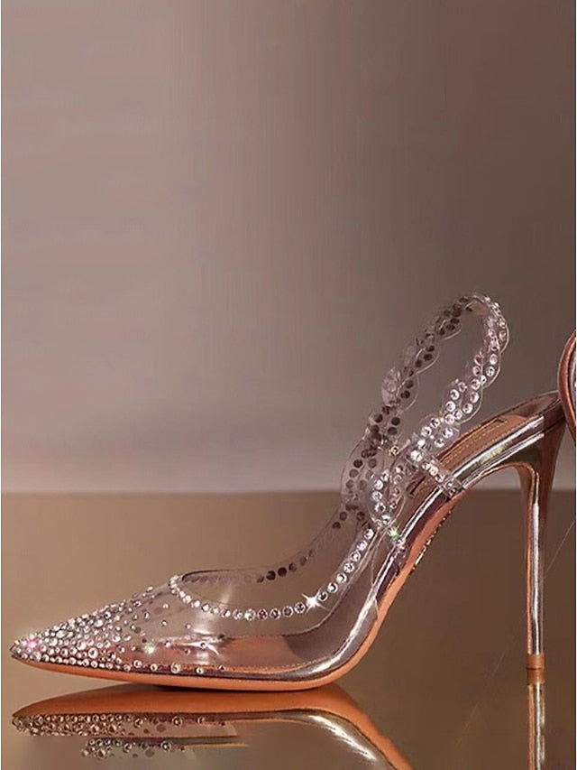Pointed Heels Slingback with Women's Clear Rhinestone Toe