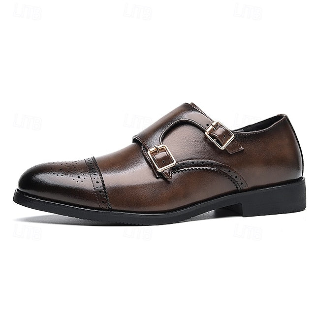 Shoes Men's Double Strap Leather with Faux Brown Monk