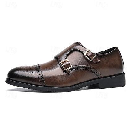 Shoes Men's Double Strap Leather with Faux Brown Monk