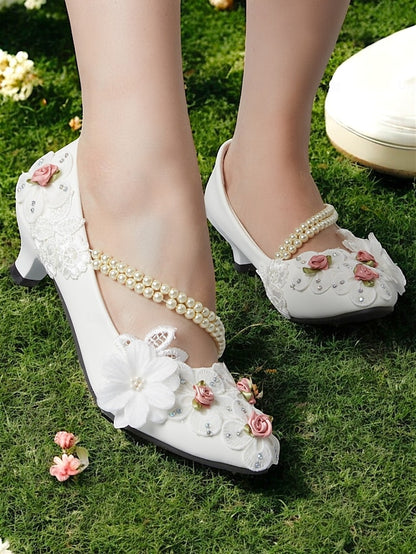 Low Pearl Floral Shoes Bridal White for Embellished Heel Strap