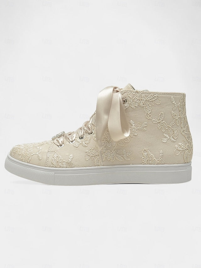 Women's Wedding Sneakers Ribbon Lace Satin with Ivory Laces