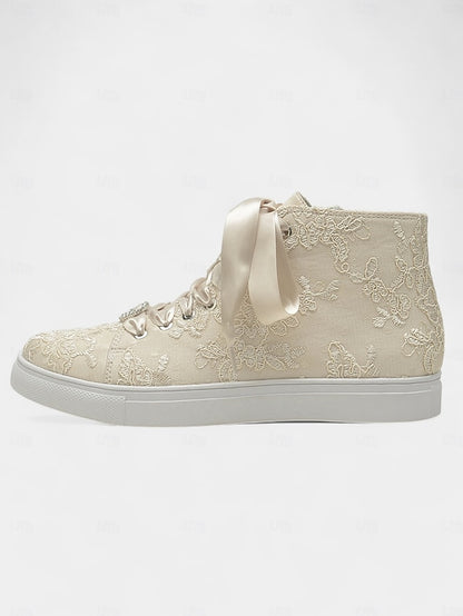 Women's Wedding Sneakers Ribbon Lace Satin with Ivory Laces