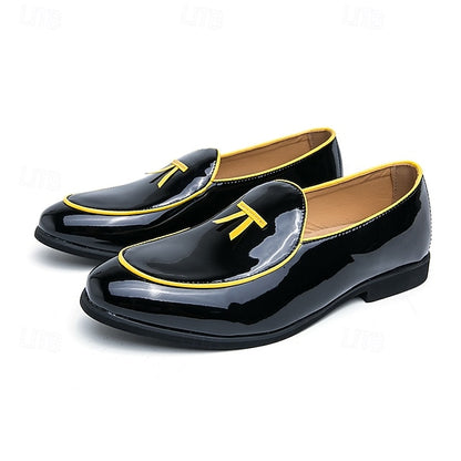Leather Black Men's Patent Yellow Trim Loafers Faux with