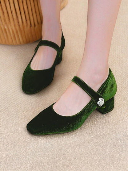 - Velvet Toe Square Green Jane Mary Pumps Block Women's