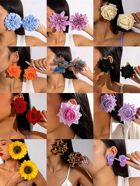 Floral Women's Statement Oversized Drop Flower Earrings -