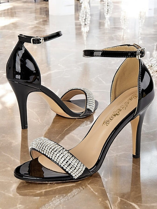 Patent Heel Black Sandals Rhinestone Leather High with