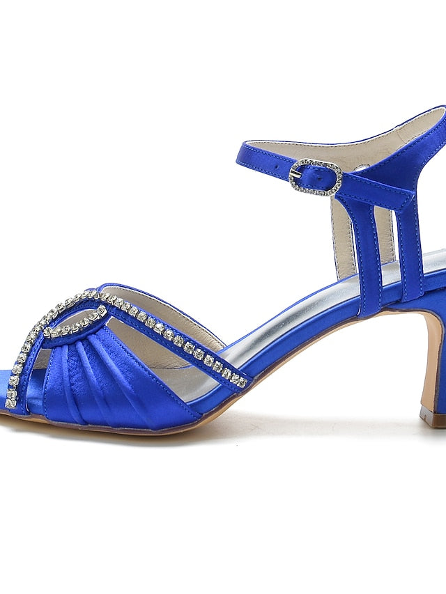 Women's Satin Blue Sandals Heeled Navy Rhinestone –
