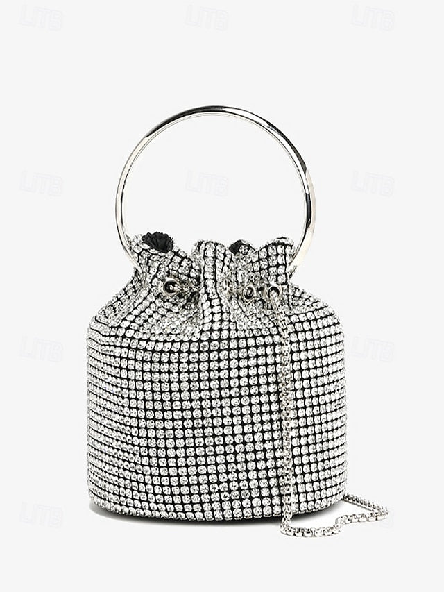 Women's Sparkling Silver with Metal Bucket Bag Rhinestone