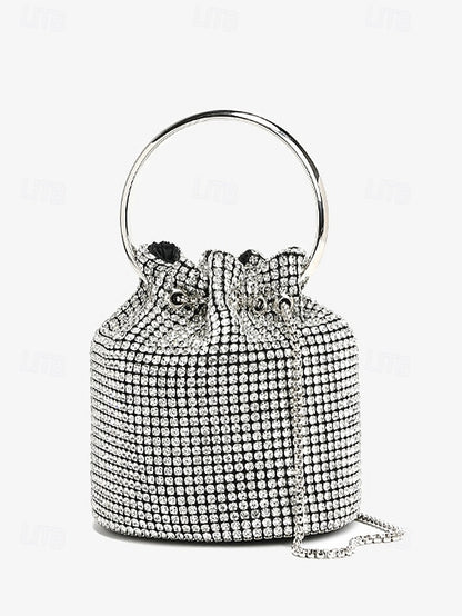 Women's Sparkling Silver with Metal Bucket Bag Rhinestone
