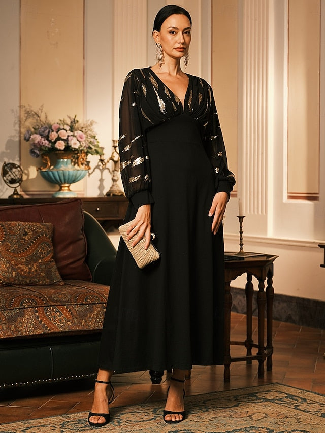 Women's Long Dress Sheer Feather Print Sleeves V-neck Black
