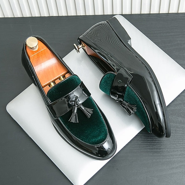 Men's Loafers Velvet Black Tassel Patent Leather – Faux
