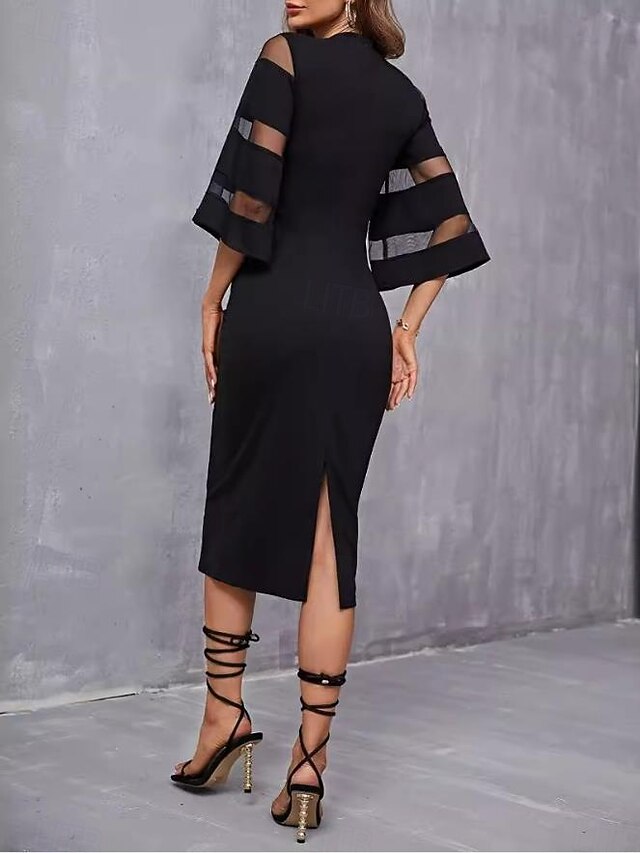 Women's Black Dress Midi Dress Mesh Patchwork Date Elegant