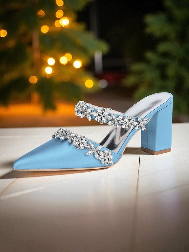 Block Satin Women's Heel Rhinestone Mules with Floral Black