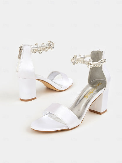 Floral Sandals Block Heel Bridal Ankle White Satin Strap with