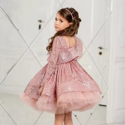 Long Color Sleeve Kids Solid Party Girls' Performance Dress