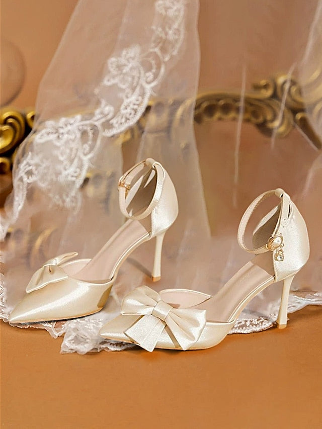 – Bow Champagne Pumps Women's Ankle Classy Pointed Strap