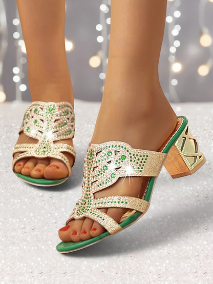 Rhinestone Green Embellished and - Sandals Heeled Gold