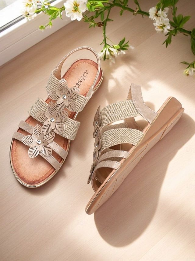 Women's Beige Sandals Floral Flat Elegant – Rhinestone