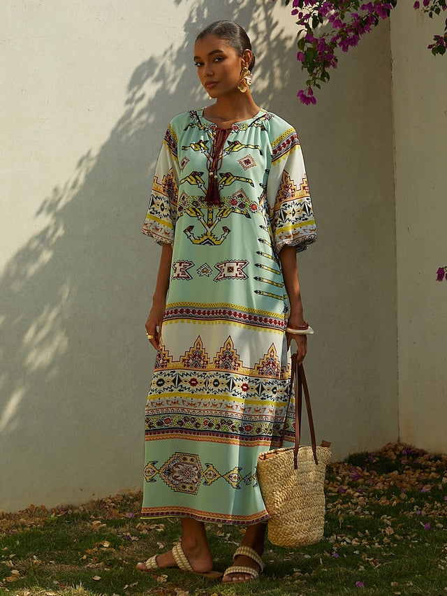 Vacation Vintage Geometric Print Straight Chiffon Maxi Dress