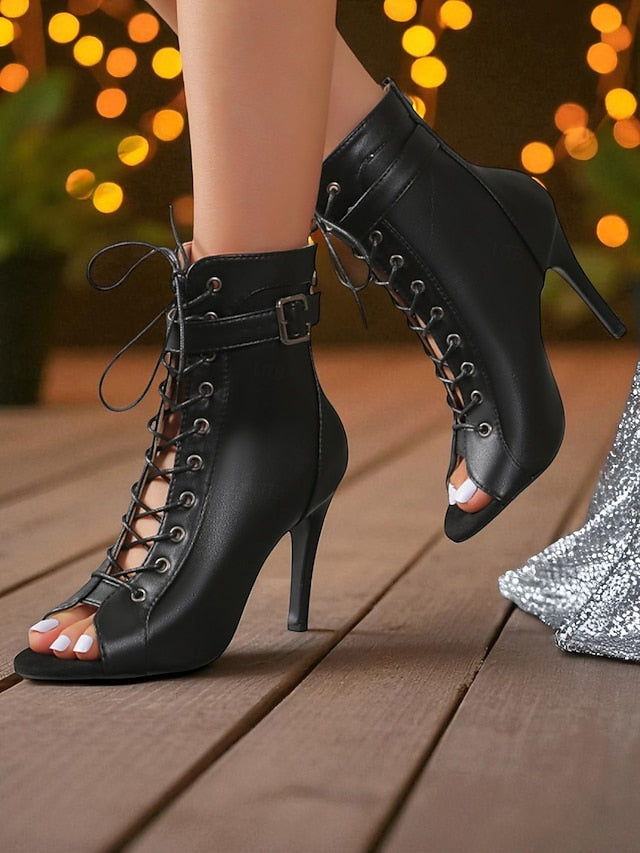 Booties Heel Women's Lace-Up - High Stiletto Peep Black Toe